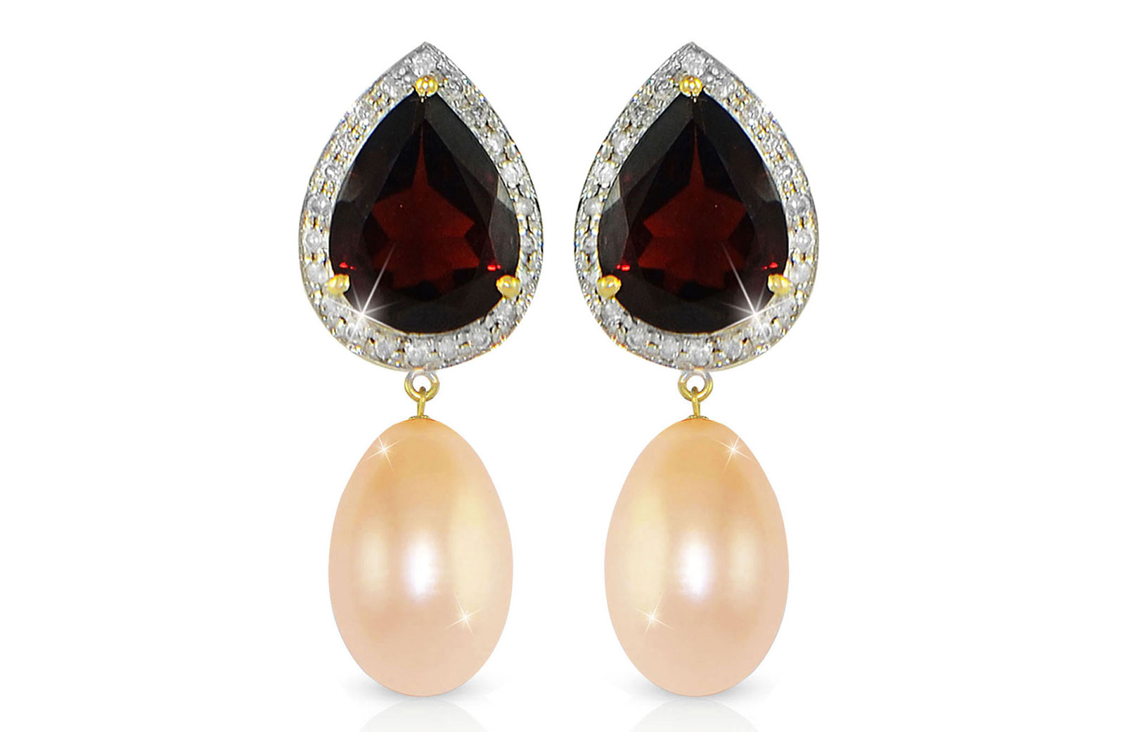 Vera Perla 18K Gold 0.24ct Diamonds, Garnet and 13mm Pink Pearl Earrings